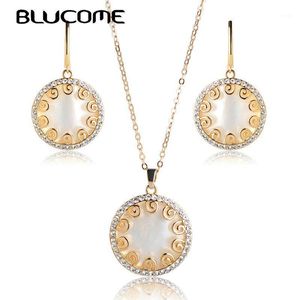 Pendientes Collar Blucome Fashion Set Crystal Shell Hollow Out Copper Jewelry Sets Girls Mujeres fiesta Boda Cumpleaños Recuerdos