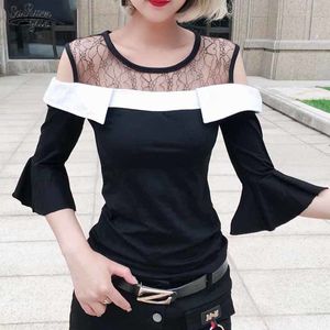 Women Lace Stitching O-neck Tops Three Quarter Flare Sleeve Off-shoulder Blouses Sexy Slim Fit Pullover T-Shirts Blusas 11436 210518