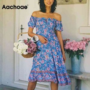 여성 꽃 무늬 어깨 미디 여름 짧은 소매 러프 세련된 드레스 선 Boho Beach Dress Vestidos 210413