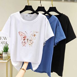 Oversized Bawełna T Shirt Kobiety Motyle Drukuj Lato Topy Harajuku Moda T-shirt Kobiet Koszulka Koszula Femme Kobieta Odzież 210604