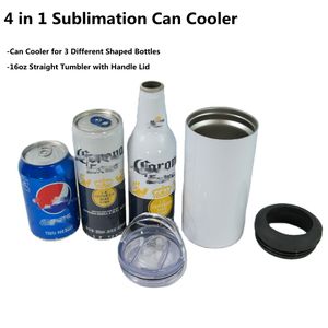 4 in 1 Sublimation 16oz Straight Tumblers Mugs Blanks White Can Coolers for 12oz 330ml 335ml Cola Beer Cans Slim Bottles Stainless Steel Double Wall DIY Cups LOW MOQ