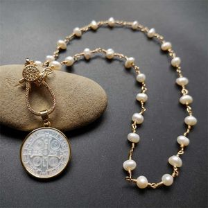 Beförderung mm Natürliche Süßwasserperle San Benito Kreuz Mutter Perle Halskette Benito Mutter Perlen Halskette Für Frauen Geschenk