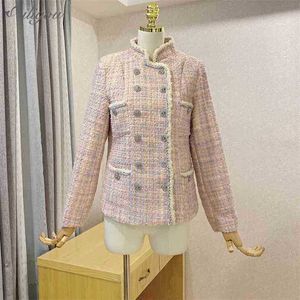 Summer Tweed Fringed Retro Coat Outer Long Sleeve Double Breasted Fashion Ladies Elegant Woman Clothes Jacket 210525