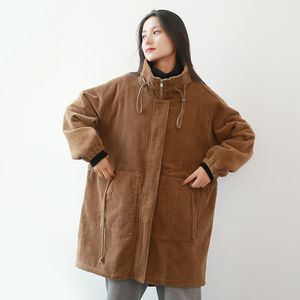 Johnature mulheres corduroy parkas vintage casacos quentes de inverno manga longa grossa retalhos mulheres panos retrô parkas 210521