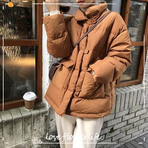 冬の韓国の緩いと薄い暖かいブレッドコート2968 210521のためのダブルスタンドカラーシンプルダウンジャケット
