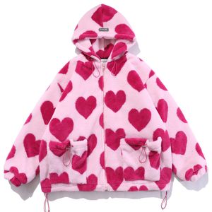 Cute Heart-shaped Print Lambswool Winter Jacket Men Drawstring Pockets Zipper Hooded High Street Warm Streetwear