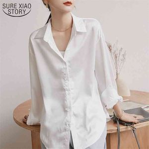 Spring Autumn Satin Silk Singel Breasted Blouse Women Korean Fashion Tops Long Sleeve Solid Color Women's Shirts 11425 210508