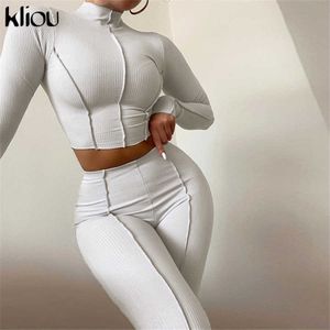 Kliou Solid Sporty Set da due pezzi Donna Mezza collo alto Skinny Crop Top Leggings Estate Casual Outfit Fitness Allenamento Abbigliamento sportivo Y0625