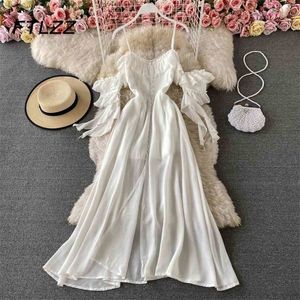 Sommar vit lång klänning kvinnor sexig av axel strapless backless ruffle strand klänningar eleganta damer maxi vintage robe 210525