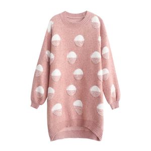 PERHAPS U Autumn Winter Knitted Mini Dress Loose Pink Long Sleeve Sweater Patchwork Dot O Neck D0848 210529