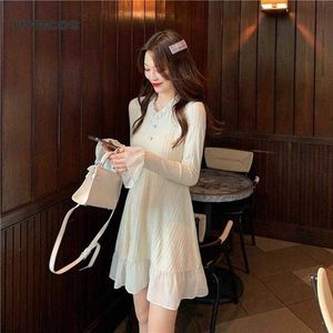 Elegancki sweter Dres z długim rękawem V-Neck Office Dzianiny Sukienka Kobieta Vintage Koronki Dress Korea Jesień 210712