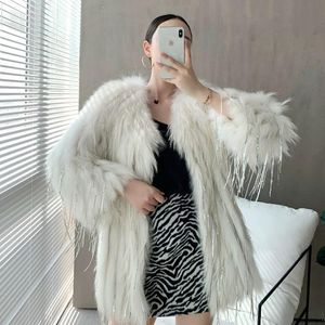 Women's Fur & Faux [EWQ] Winter Korean Woven Tassel White Grass Coat Medium Long Imitation Raccoon Bright Silk Female 16E4158