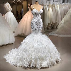 Casual Dresses Arabia Bridal Ostrich Luxury Wedding Gowns Beading Vestido De Novia Feather Bride Dress Mermaid Spaghetti Sleeveless