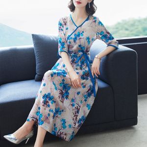Letnie Eleganckie Kobiety V Neck Pół Rękaw Kwiatowy Print Midi Suknie Korea Vintage Vestidos Plus Size 210531