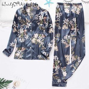 Весна осенние женские Pijamas Silk Satin Pajamas набор с длинным рукавом и брюком Pajamas костюмы спящая одежда салона салона женское mujer 211105