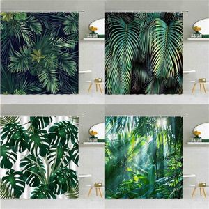 Зеленый тропический завод Monstera Palm Leaf Endain Switch Spring Press Theme Мода Водонепроницаемый Ткань Домашний Декор Ванной Декор Шторы 21116