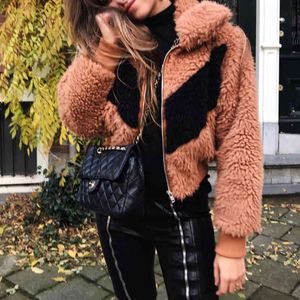 Vintage Woman Lalambswool Short Coat Fashion Ladie Autumn Patchwork Turn Down Collar Jacket Female Chic Zipper Outwear 210515