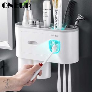 Oneup Banyo Aksesuarları Setleri Diş Fırçası Tutucu Otomatik Diş Macunu Sıkacağı Duvar Dağı Depolama Raf Banyo Ürün 211130