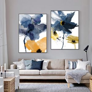 Suluboya Çiçek Resimleri Nordic Posterler Tuval Boyama Duvar Sanatı Oturma Odası Için Modern Ev Dekor Mavi Posterler ve Baskılar