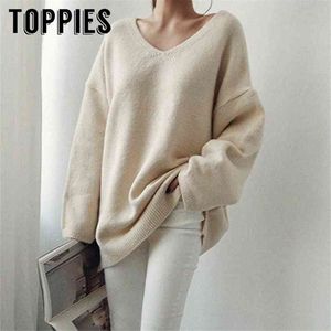 Loose V Neck Oversize Sweater Lazy Knitted Long Sleeve Pullovers Woman Pink Black Jumpers Korean Style 210421