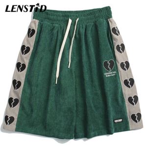 Lenstid sommar män corduroy shorts hip hop sida brutna hjärta patchwork hajuku streetwear casual baggy kort byxa manliga byxor 210714