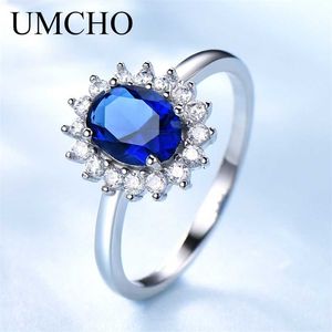 UMCHO Lüks Mavi Safir Prenses Diana Yüzük Kadınlar için Hakiki 925 Ayar Gümüş Romantik Nişan Yüzüğü Düğün Takı 211217