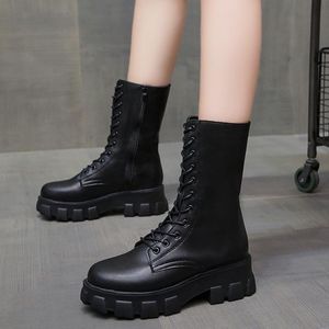 Stiefel Frauen Für Herbst Winter Schuhe Schwarz Leder Knöchel Plattform Punk Gothic Frau Booties