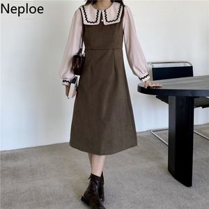 NEPLOE Korean Vintage Dress for Women Contrast Färg Patchwork Fake Två Robe Vestidos Slim Waist Puff Sleeve Maxi Klänningar 4g165 210422