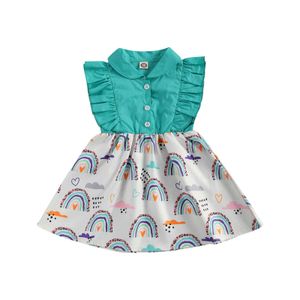 0-5Y Summer Spädbarn Toddler Baby Kid Girl Dress Ruffles Rainbow Print Dresses for Girls Kläder Kostymer 210515