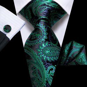 Muszki Business Black Green Paisley jedwabny krawat ślubny dla mężczyzn Handky spinki do mankietów męski krawat Fashion Designer Party Drop Hi-Tie