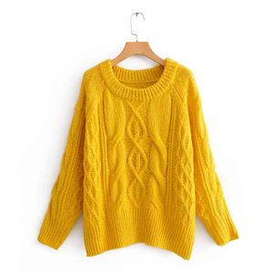 Stylowe eleganckie kobiety żółty sweter moda dziewiarska o-neck swetry dla dziewcząt Streetwear Casual Knitwear 210520