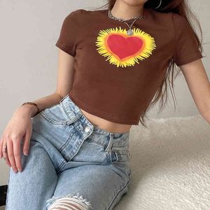 Marrone Dolce Cuore Stampato Y2k Crop Top T-Shirt Donna Moda Estate Kawaii Maniche Corte Harajuku Cotone Pulovers Nero Tees 210415