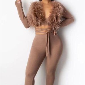 Women Clothing Set Sexy Long Sleeve Feather Bodycon Bandage Two Pieces Celebrity High Street Party Tops Pants 210527