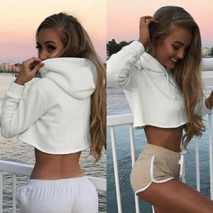 Felpe con cappuccio da donna Felpe Hirigin Felpa con cappuccio a maniche lunghe estiva Felpa con cappuccio Maglione bianco Crop Top Pullover Primavera Autunno Abbigliamento casual