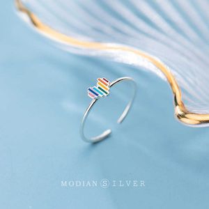 925 prata esterlina bonito multi-color arco-íris de dedo do coração para mulheres moda tamanho livre anel jóias 210707