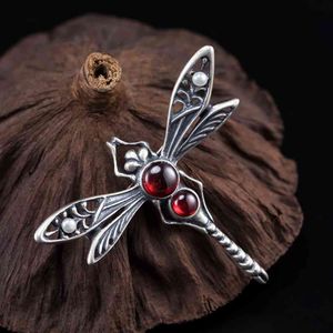 Vintage 925 Sterling Silver Röd Ädelsten Tillbehör till Kvinnor Smycken Bröllop Bouquet Mäns DIY Dragonfly Brosch Pin