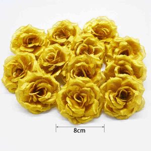 Yoshiko 50 pcs ouro artificial / prata rosa flores de seda decoração para festa de casamento casa diy decoração nupcial flores falsificadas 211108