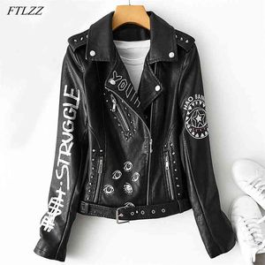 İlkbahar Sonbahar Kadın Grafiti Baskı PU Faux Deri Ceket Kemer Streetwear Ile Kadın Moto Biker Perçin Ceket Dış Giyim 210430