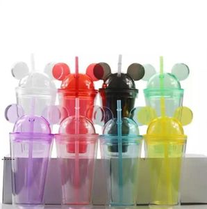 New8Colors 15oz akryl tumbler med kupol lock plus halm dubbel vägg klar plast tumbler med mus öra återanvändbar söt drink kopp RRA10518