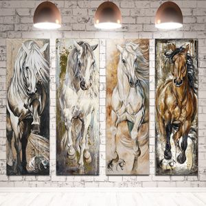 Pferde-Ölgemälde auf Leinwand, Wandkunst, Poster und Drucke, große Tiere, Cuadros-Bilder für Wohnzimmer-Dekoration, 4 Panels