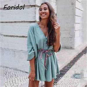 Button Up Cotton Loose Rompers Women Summer Wide Leg Bohemian Overalls V Neck Sash Casual Playsuits Green Romper 210427