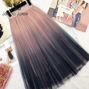 Jocoo Jolee Women Spring Summer Gradient Mesh Tulle Skirt Female Korean Elegant High Waist A-line Pleated Midi Skirts 210518