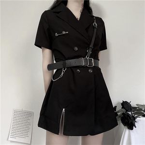 Rosetic gótico blazer vestido mulheres negras sexy mini vestidos alta cintura harajuku goth menina zíper punk com cinto de couro pu 210331