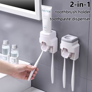 Toothbrush Holder Set Toothpaste Dispenser Wall Mount Stand Bathroom Accessories Set Rolling Automatic Squeezer Family Hygienic 211130