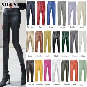 Xibusana mulheres pu cal calça 2020 outono inverno multi cor estiramento alta cintura mais veludo fino calça magro mulher leggings q0801