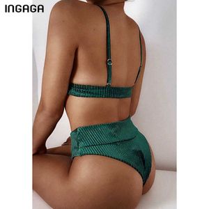 Ingaga Cintura alta Biquinis Mulheres Swimsuits Swimsuits Ribbed Swimwear Push Up Biquini Sexy Alta Corte Ternos 2021 New Navy Beachwear Y0820