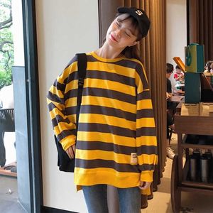 Autumn striped O-neck long sleeve loose Korean irregular sweatshirt female large size Sweet Cotton Pullovers Harajuku tops 210608