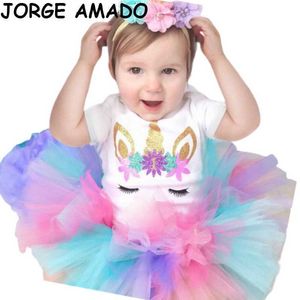 Vestiti di compleanno per bambina T-shirt in cotone unicorno + Gonne colorate per torta di garza + Fasce per capelli Set da 3 pezzi Abbigliamento natalizio E20900 210610