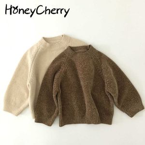 Camicia con fondo primaverile e autunnale tinta unita girocollo maglione pullover marrone maglione per ragazze maglione per neonato 210701