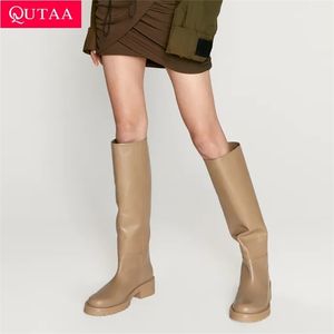 Qutaa za moda kobiety kolano wysokie buty ciepłe obcasy na obcasie pełna krowa skóra kwadratowa pięta motocyklowa kobieta pani buty 34-42 211217